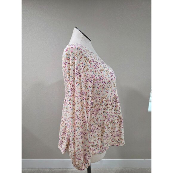 Torrid Floral Print Ribbed Peplum Long Sleeve Top Size M Cream/Pink/Blue Stretch - Picture 2 of 5